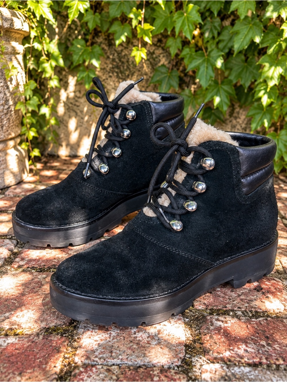 3.1 PHILLIP LIM Black Suede Dylan Shearling Lined Cabincore Hiking Boots, 7.5